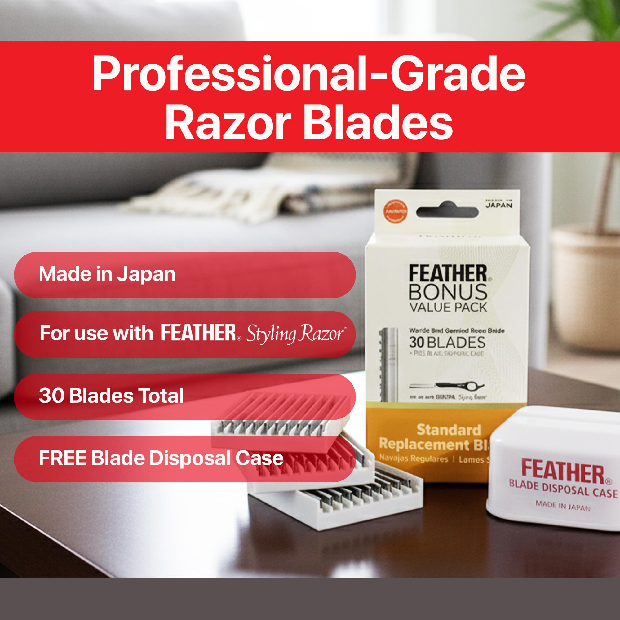Feather Bonus Value Pack - Styling Razor Standard Blades - Professional Hair Cutting Blades for Styling, Shaping, Thinning - Single Edge Guarded Blade -Made in Japan- 30 Counts + 1 Blade Disposal Case - Image 7