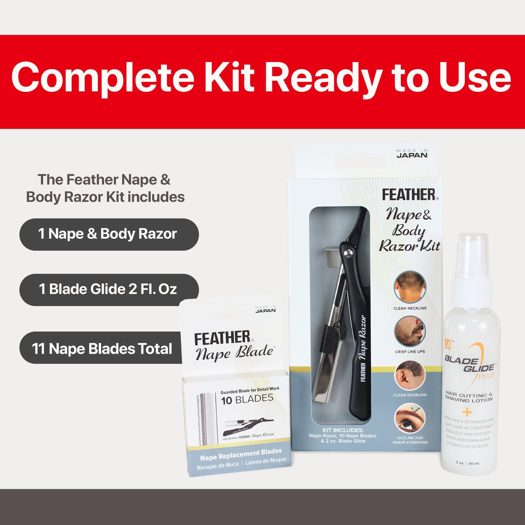 Feather - Nape and Body Razor Kit – Professional Use Hair Cutting Tool - Includes Nape Razor, 10 Nape Blades & 2 oz Blade Glide – Ideal for Nape, Sideburns, Eyebrows, and Bikini Line – Made in Japan - Image 5