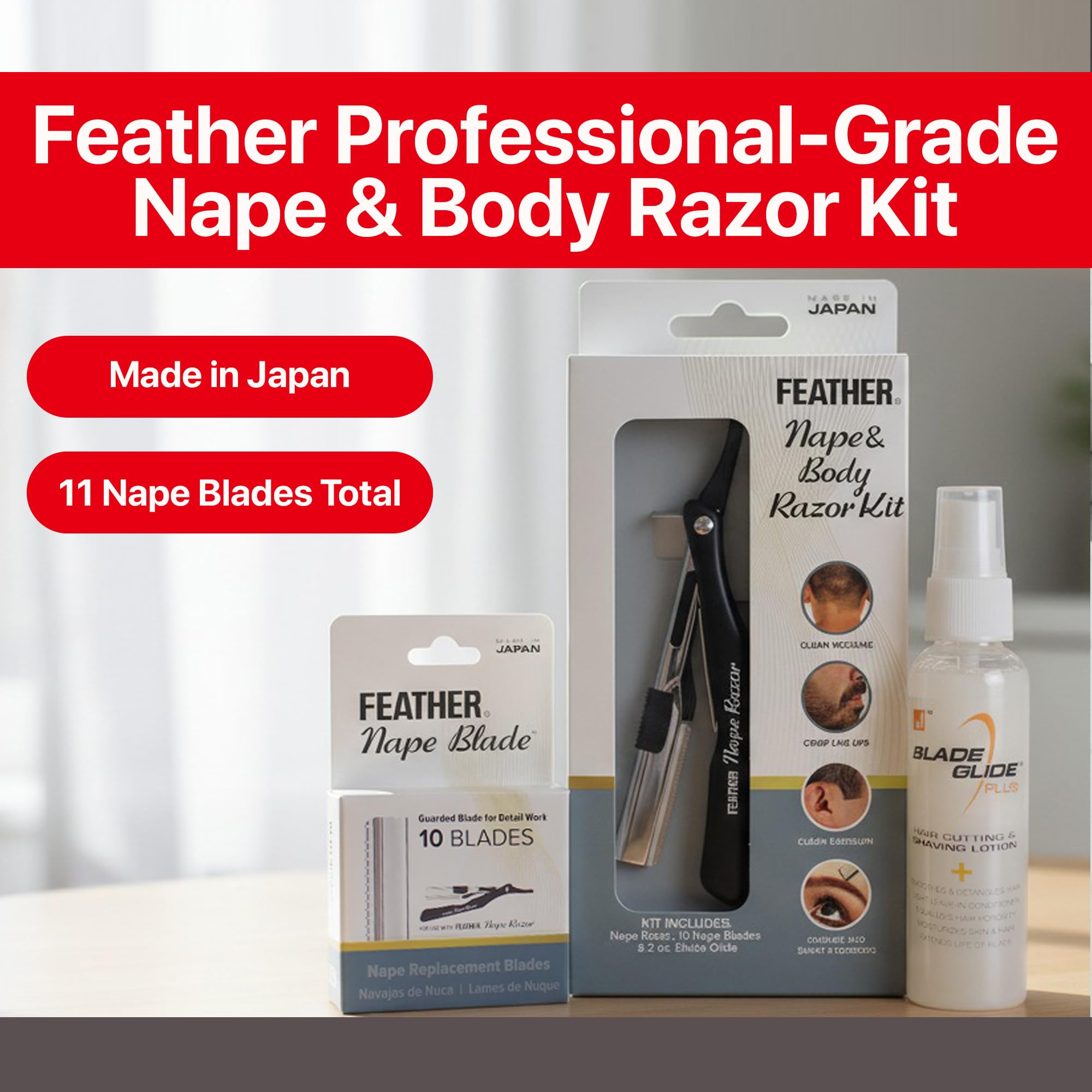 Feather - Nape and Body Razor Kit – Professional Use Hair Cutting Tool - Includes Nape Razor, 10 Nape Blades & 2 oz Blade Glide – Ideal for Nape, Sideburns, Eyebrows, and Bikini Line – Made in Japan - Image 7