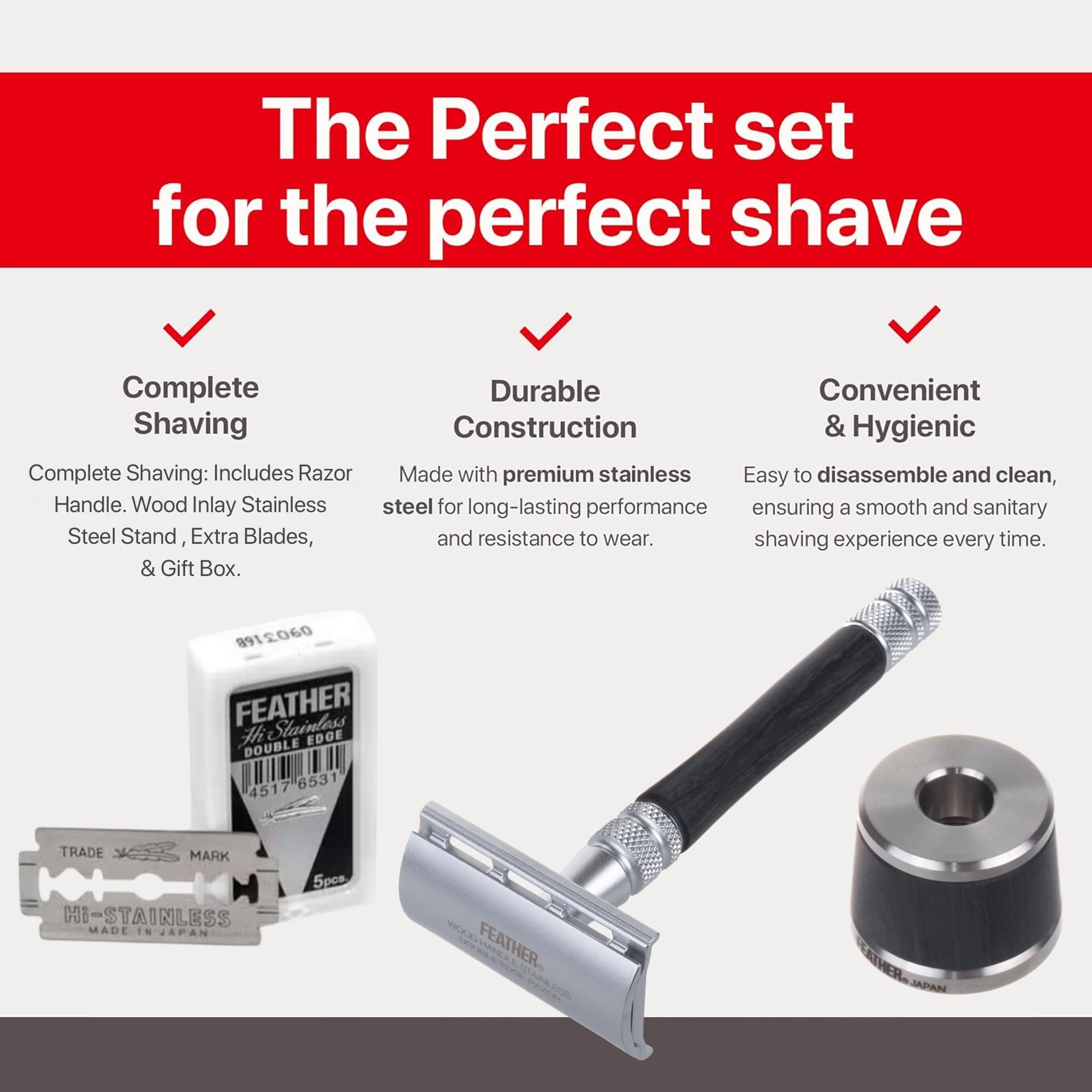 Feather - Wood Handle Stainless Double Edge Razor with Wood Inlay Stainless Steel Stand - With Resin-Impregnated Handle & Stand - Includes 5 Hi-Stainless Blades - Made in Japan - Image 3