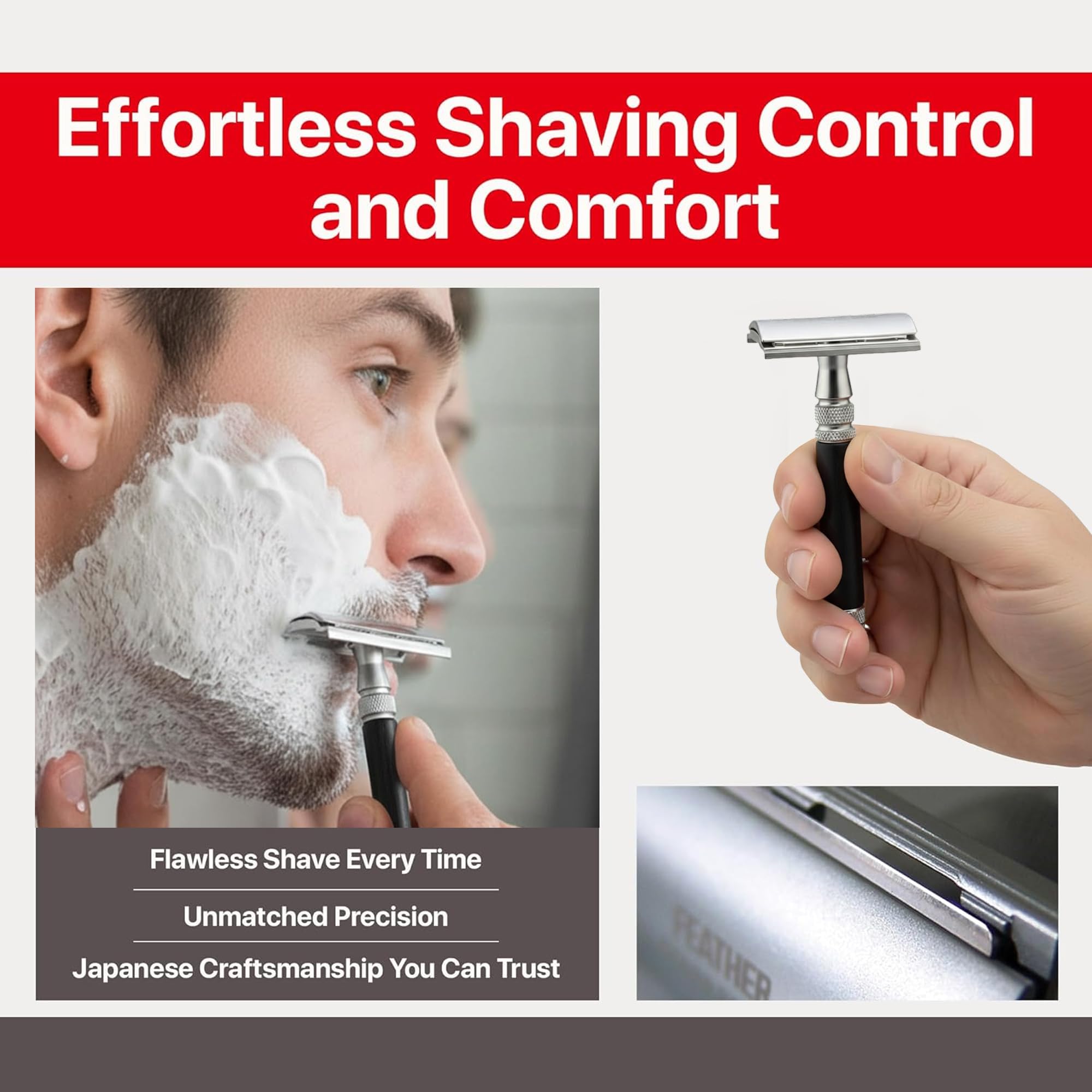 Feather - Wood Handle Stainless Double Edge Razor with Wood Inlay Stainless Steel Stand - With Resin-Impregnated Handle & Stand - Includes 5 Hi-Stainless Blades - Made in Japan - Image 4