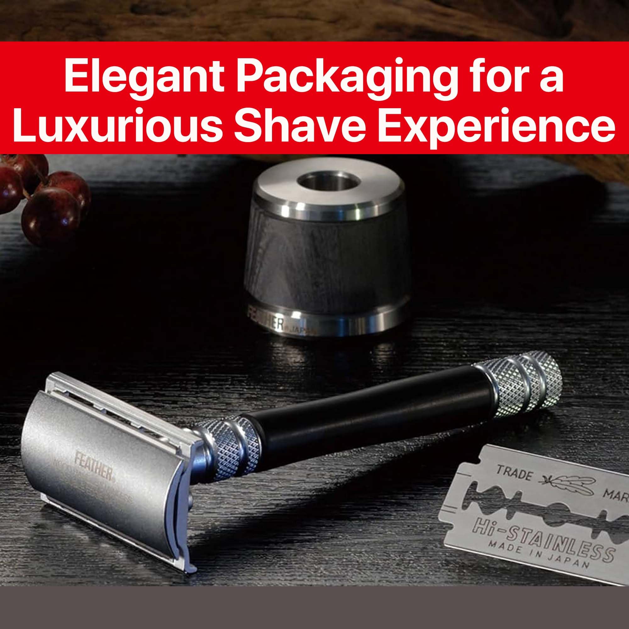 Feather - Wood Handle Stainless Double Edge Razor with Wood Inlay Stainless Steel Stand - With Resin-Impregnated Handle & Stand - Includes 5 Hi-Stainless Blades - Made in Japan - Image 7